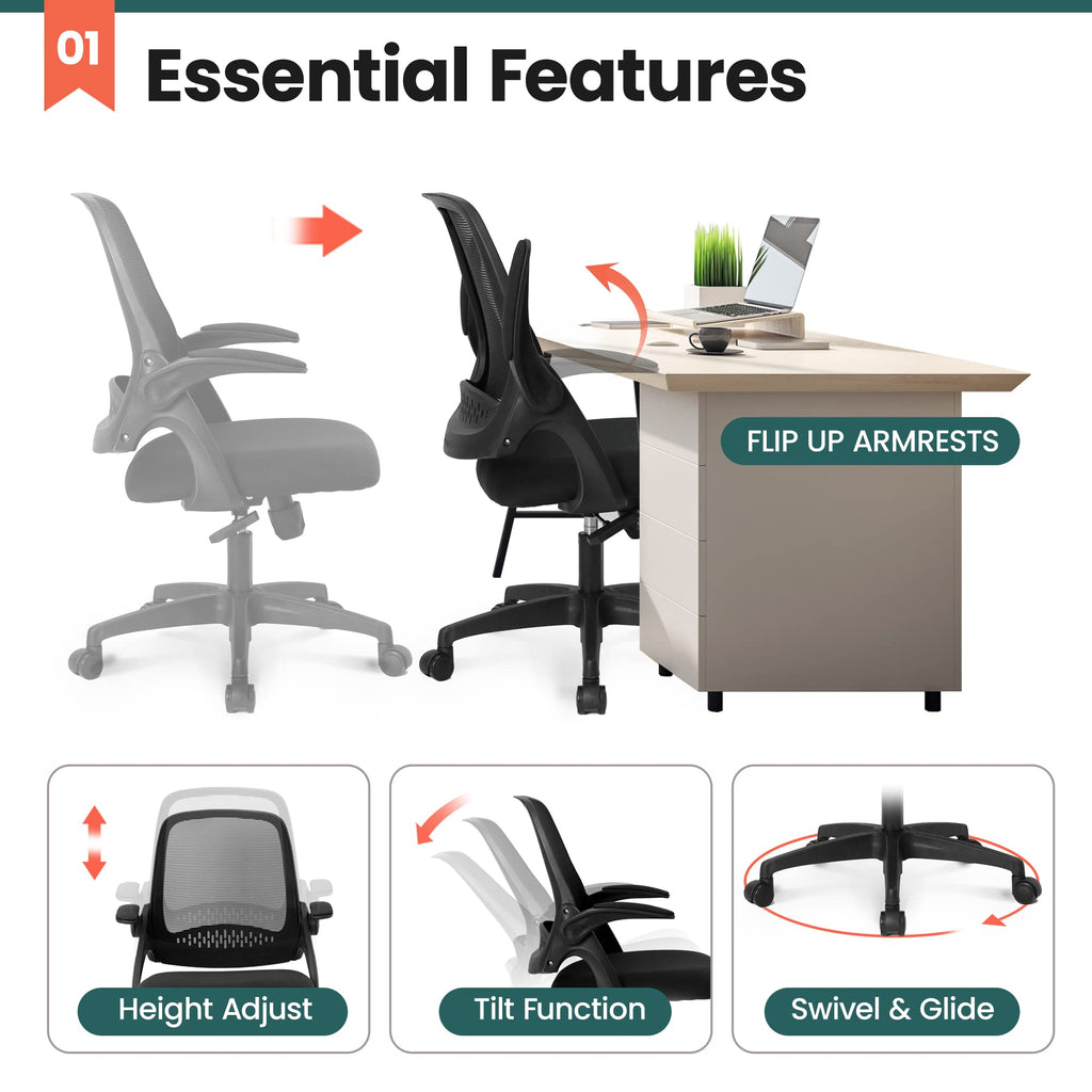 Neo Chair Office Desk Chair, Ergonomic Mesh with Flip-up Armrests, Black, Mesh Chair