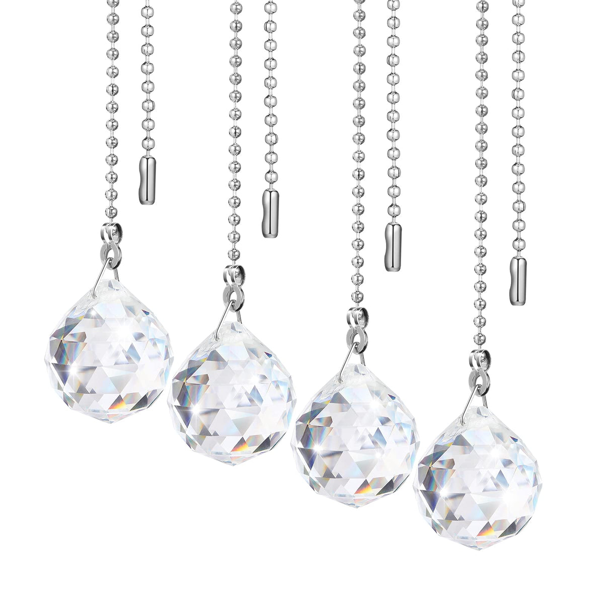 Patelai 4 Pcs Fan Pull Chain Extension Decorative Crystal Ornaments Clear Prism Ceiling Ball Fan Light Chain Extension Diamond Connector Pulls String Set with 19.7 Inch Length for Light Lamp