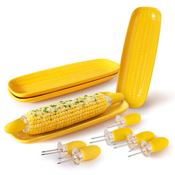 DOWAN 3D Embossed Corn on the Cob Dishes, Set of 4 with 8 Corn Cob Holders - 9.2" Ceramic Corn Trays, Oven & Dishwasher Safe - Ideal for Summer BBQ Gatherings (Vibrant Yellow)