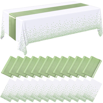 Breling 24 Pack White and Sage Green Disposable Plastic Tablecloths and Satin Table Runner Set, 54 x 108 Inch Tablecloth, 12 x 108 Inch Table Runners for Wedding Graduation Birthday Baby Shower