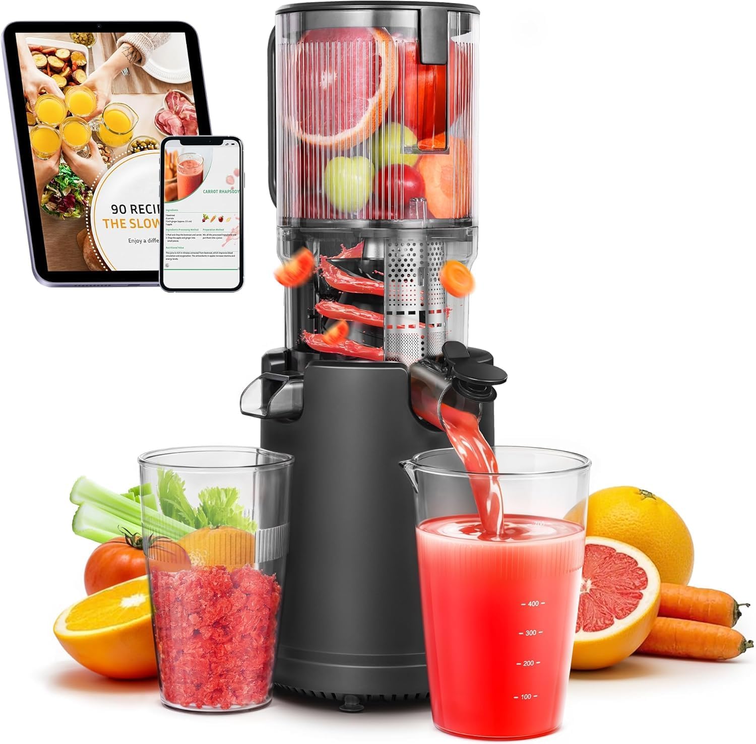 Cold Press Juicer Machines with 5.4" Wide Feed Chute, Slow Masticating Juicer Extractor for Whole Fruits & Vegetables, Quiet Motor, Easy to Clean with Brush, High Juice Yield, Black