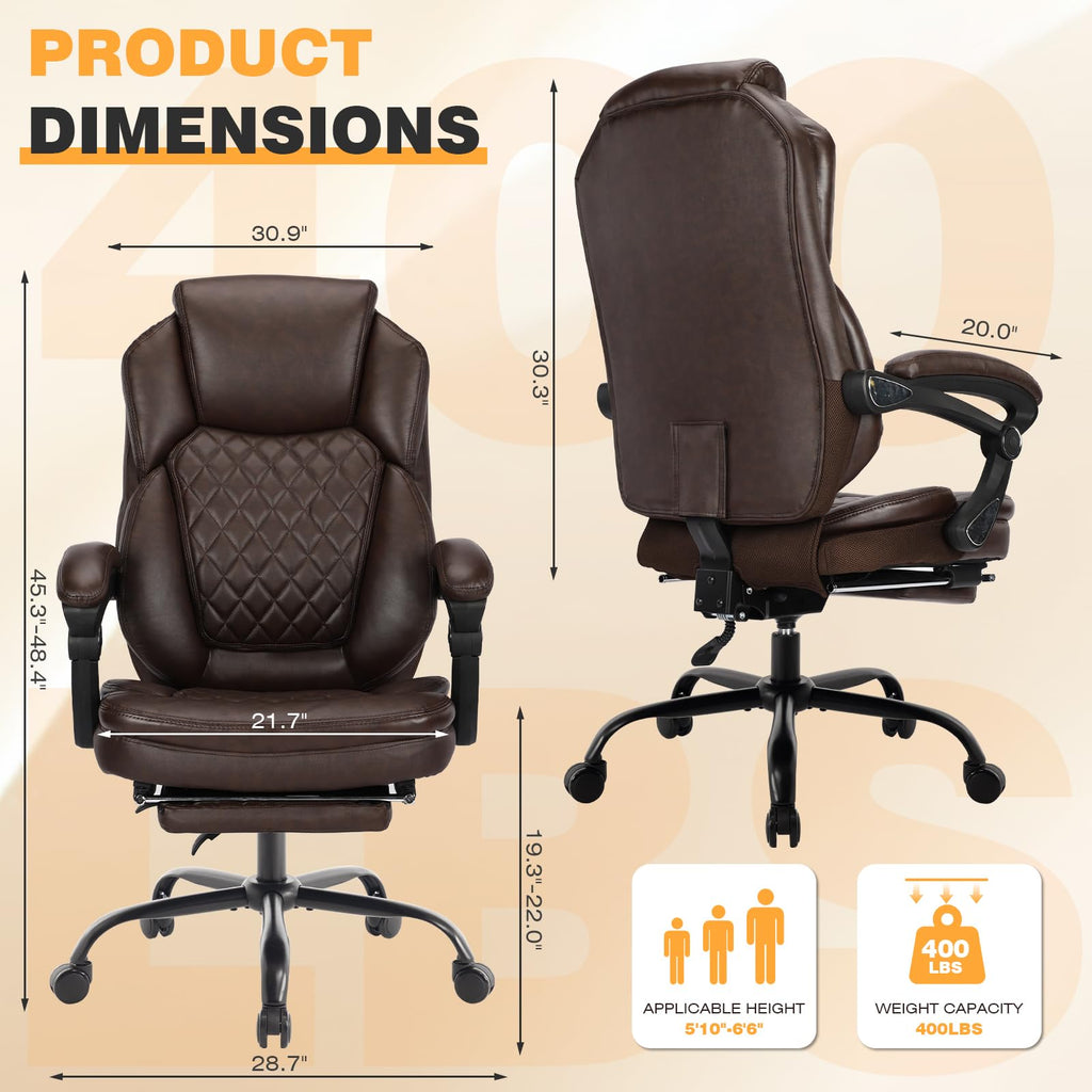 Linting Plus Size Leather Recliner Office Desk Chair with Foot Rest Brown, Large(400lbs), Dark Brown