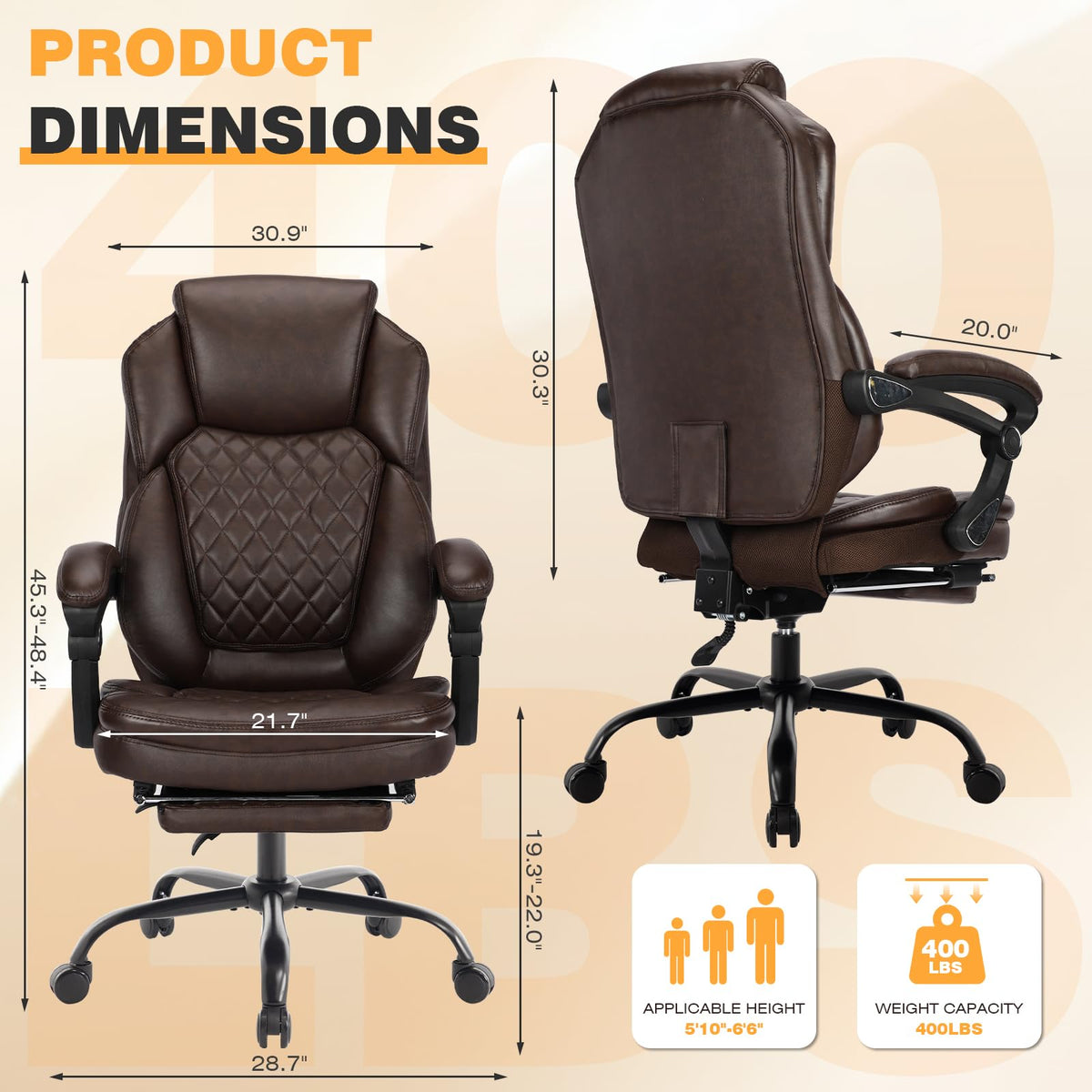Linting Plus Size Leather Recliner Office Desk Chair with Foot Rest Brown, Large(400lbs), Dark Brown