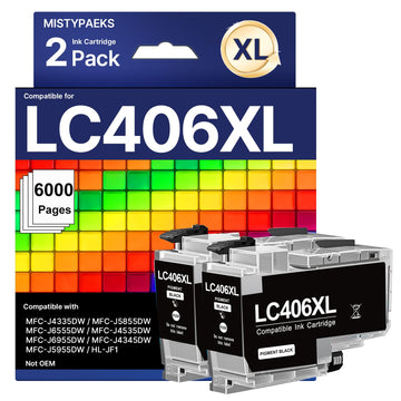 2 Pack LC406XL Black Ink Compatible for Brother LC406 Ink Cartridges | LC 406 Ink Cartridges for Brother Printer Compatible with MFC-J4535DW MFC-J4335DW MFC-J5855DW MFC-J6555DW MFC-J6955DW