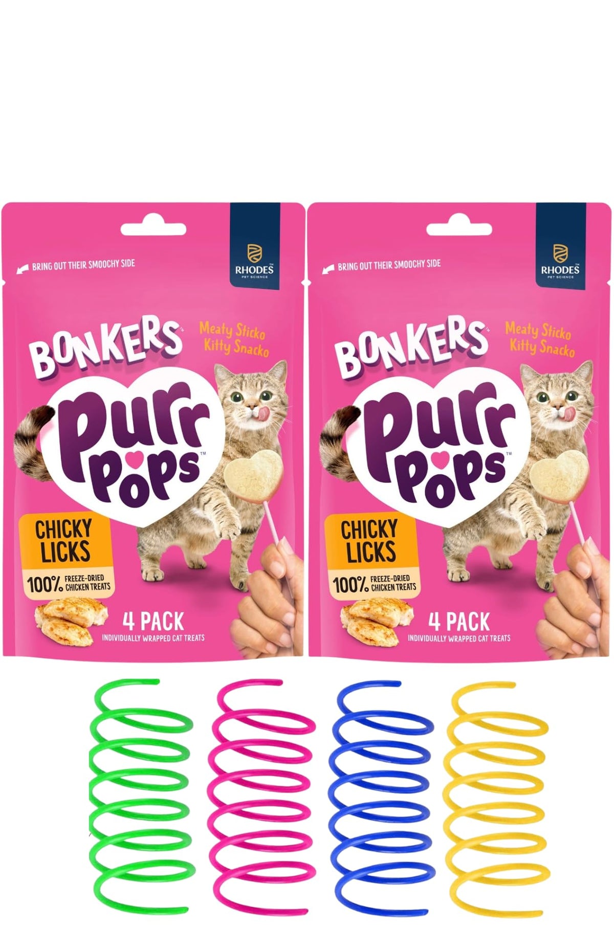 Bonkers Purr Pops Chicky Licks Freeze-Dried Cat Treats, 4-Count, 2 Packs with Cat Spring Toys