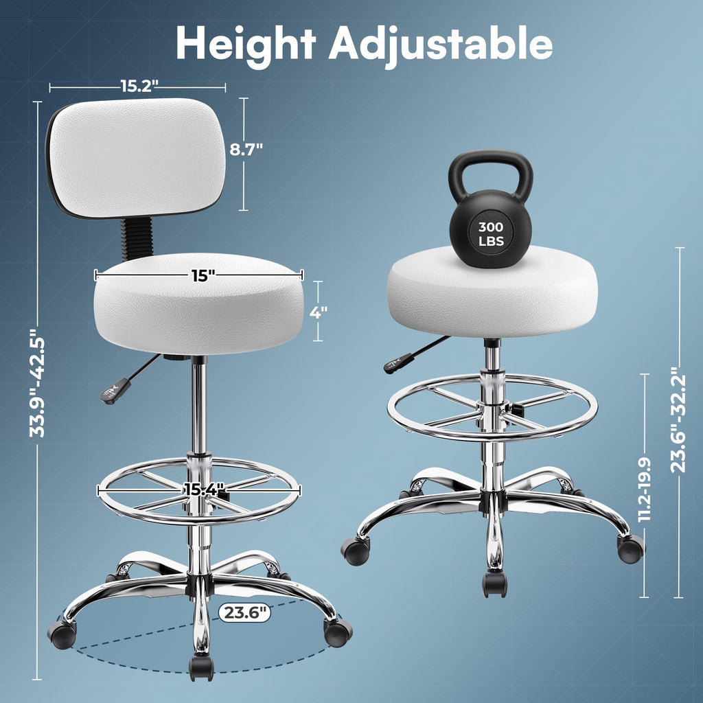 Superjare Drafting Chair with Backrest, Adjustable Foot Rest Rolling Stool, Height: 23.6" - 32.2", White