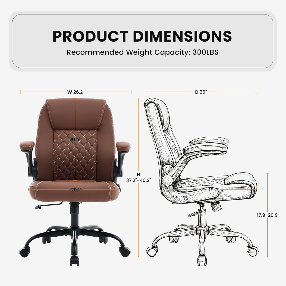 Deroavixe Executive Office Chair with Lumbar Support & Flip-up Arms, Brown