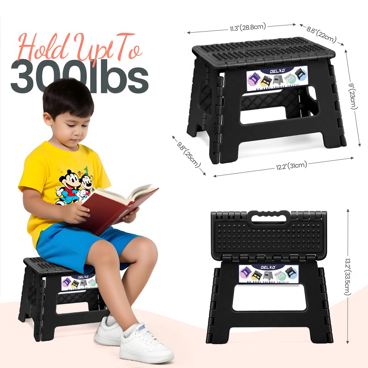 Delxo Folding Step Stool 9 Inch Non-slip Foldable Stools for Kids & Adults Up to 300 Lbs Kitchen Collapsible Fold Up Stepping Stool with Dotted