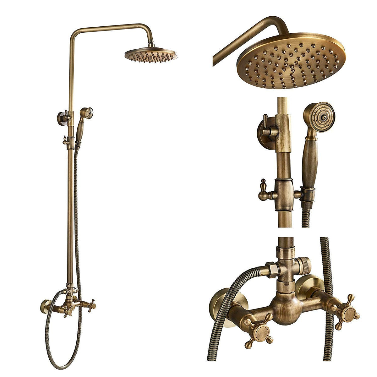 Wall Mounted Antique Brass Bathroom 2 Cross Knobs Mixer Shower Combo Set 8-Inch Rainfall Shower Head with Hand Spray,Luxury Shower Set