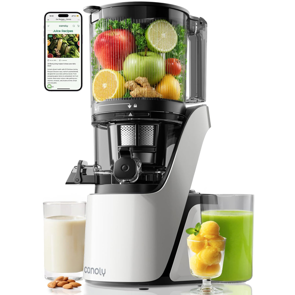 Canoly C16 Cold Press Juicer, 6" Extra Wide Feed Chute, 3-IN-1 Strainers (Juice & Sorbet & Nut Milk), Powerful AC Brushless Motor, Self Precut System, Juicer Machines with BPA-Free (Pearl White)