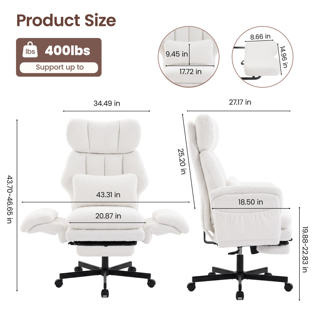 Criss Cross Chair with Footrest, Big and Tall Office Chair with Flip Arms, Teddy White