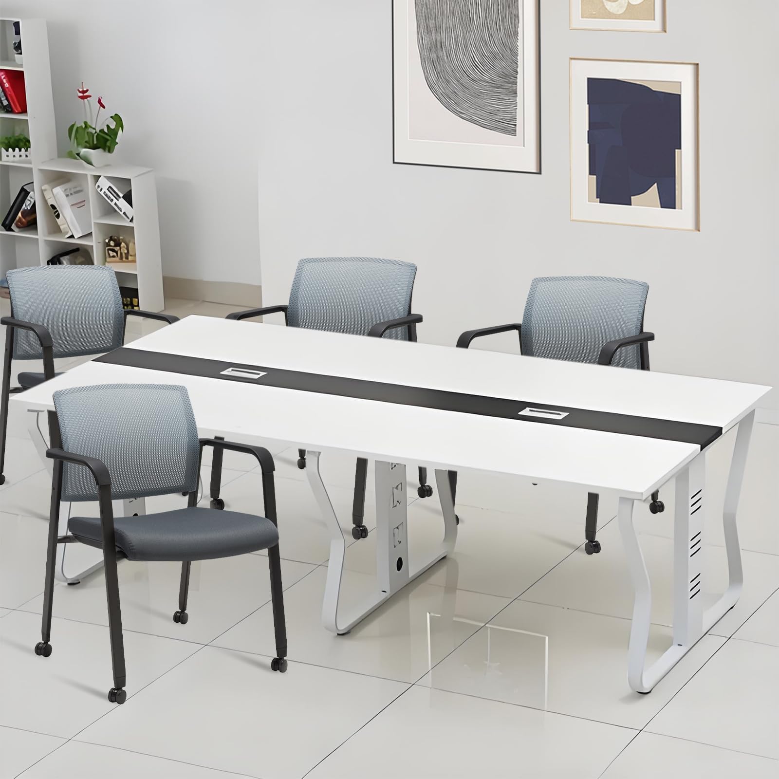 Clatina Mesh Back Guest Reception Arm Chairs with Wheels, Waiting Room Chairs with Upholstered Fabric Seat and Ergonomic Lumbar Support for