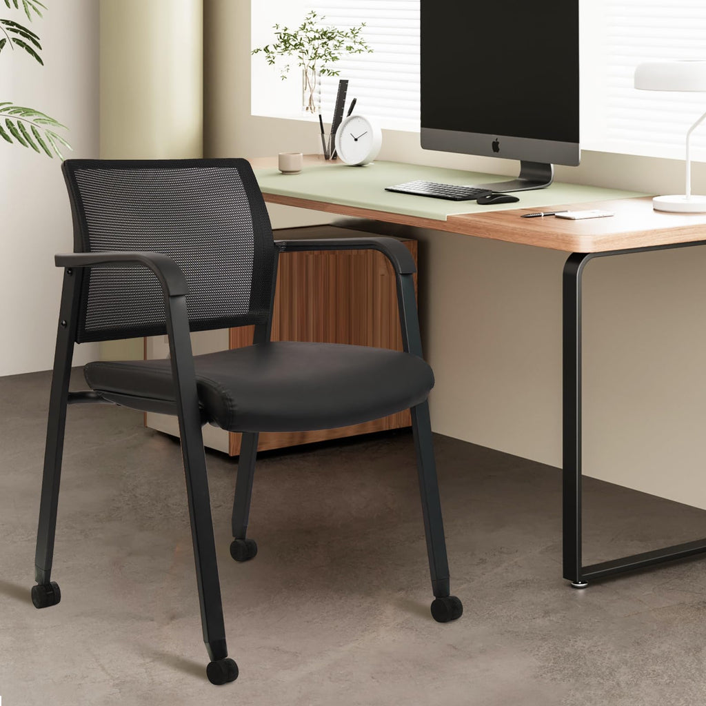 Clatina Stacking Office Chair with Wheels, Mesh Back Waiting Room Guest Chairs with Arms Comfortable Leather Cushion Stackable Desk Chair for