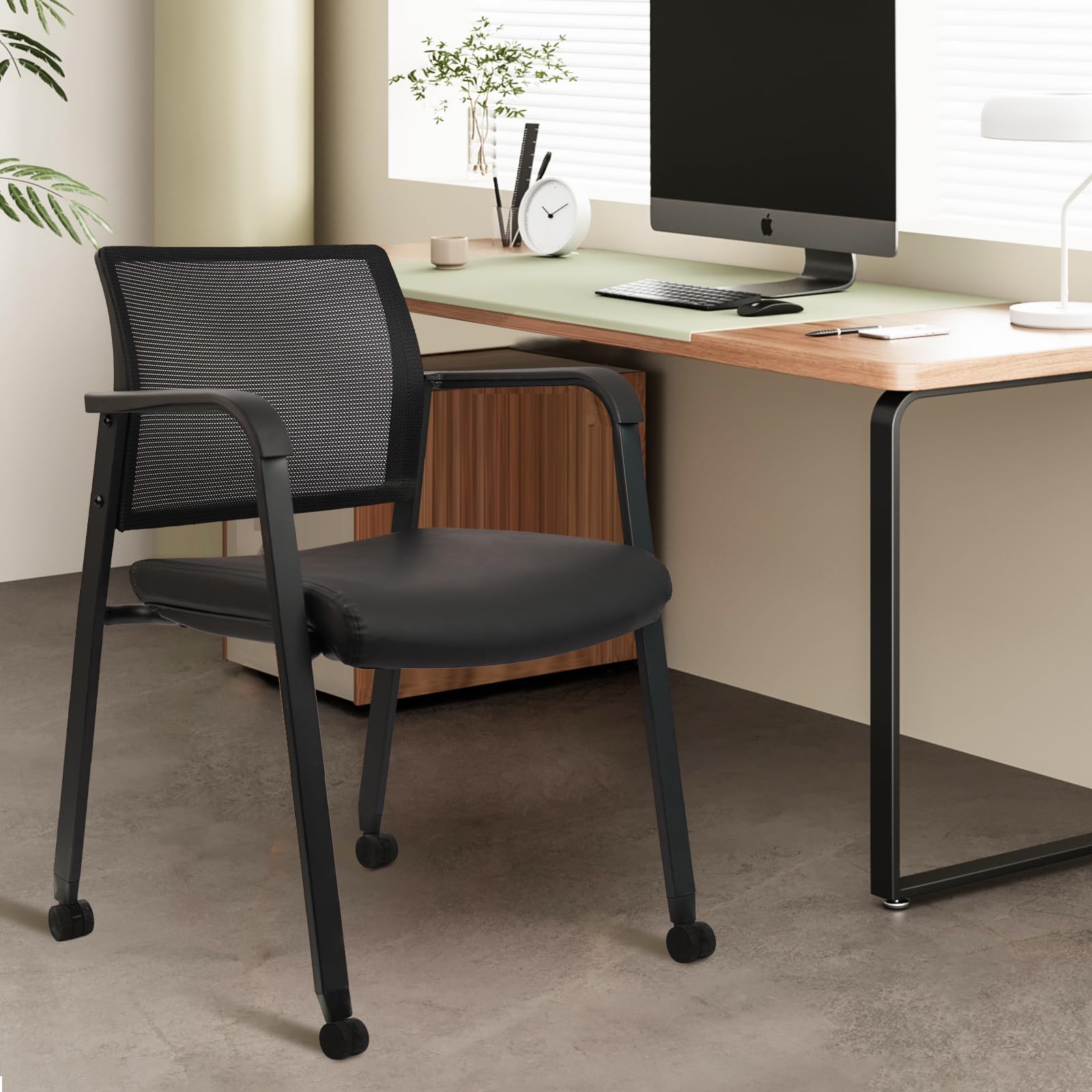 Clatina Stacking Office Chair with Wheels, Mesh Back Waiting Room Guest Chairs with Arms Comfortable Leather Cushion Stackable Desk Chair for