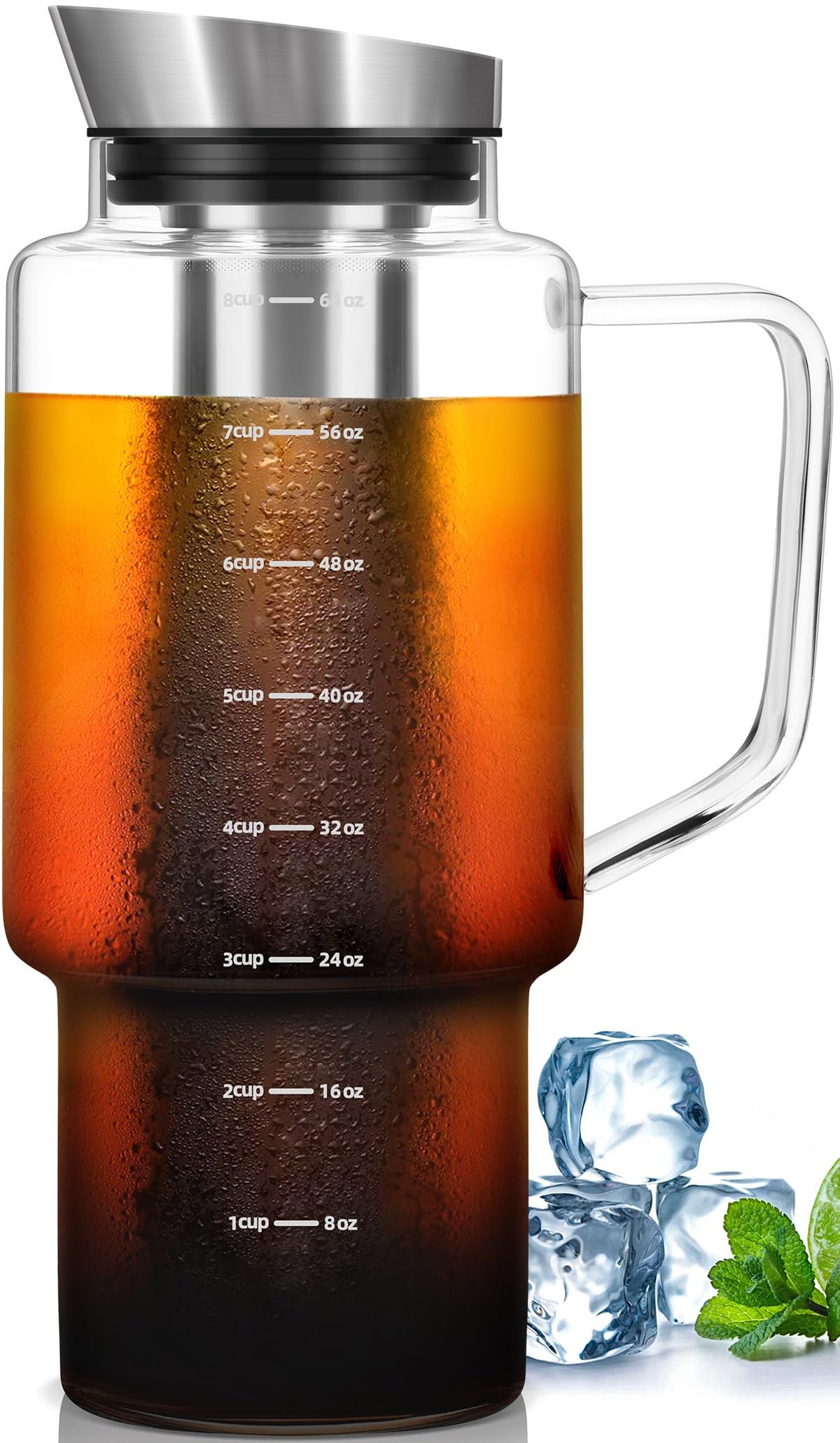 Aquach 68oz Cold Brew Coffee Tea Maker, Glass Pitcher & Stainless Steel Filter, Dishwasher Safe Iced Coffee Tea Maker with Airtight Lid and Large Handle