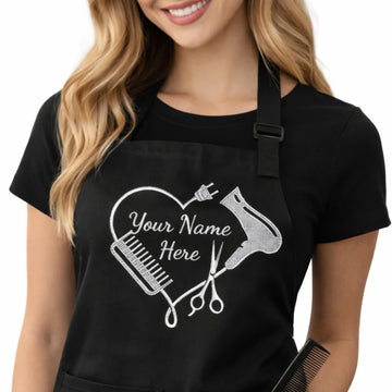 PLACE4PRINT Personalized Custom Embroidered Black Hair Stylist Apron - Beauty Salon - Barber - Cosmetology - Men & Women