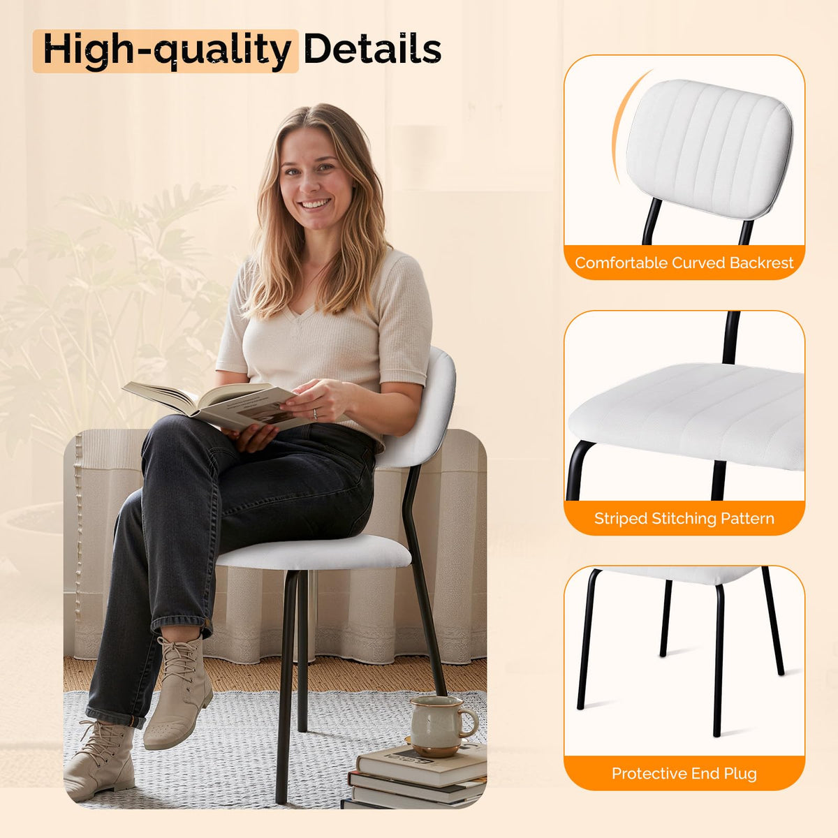 Vingli Modern Fabric Padded Stacking Dining Chair Set of 4 for Home, White, 4 Pack, White Linen