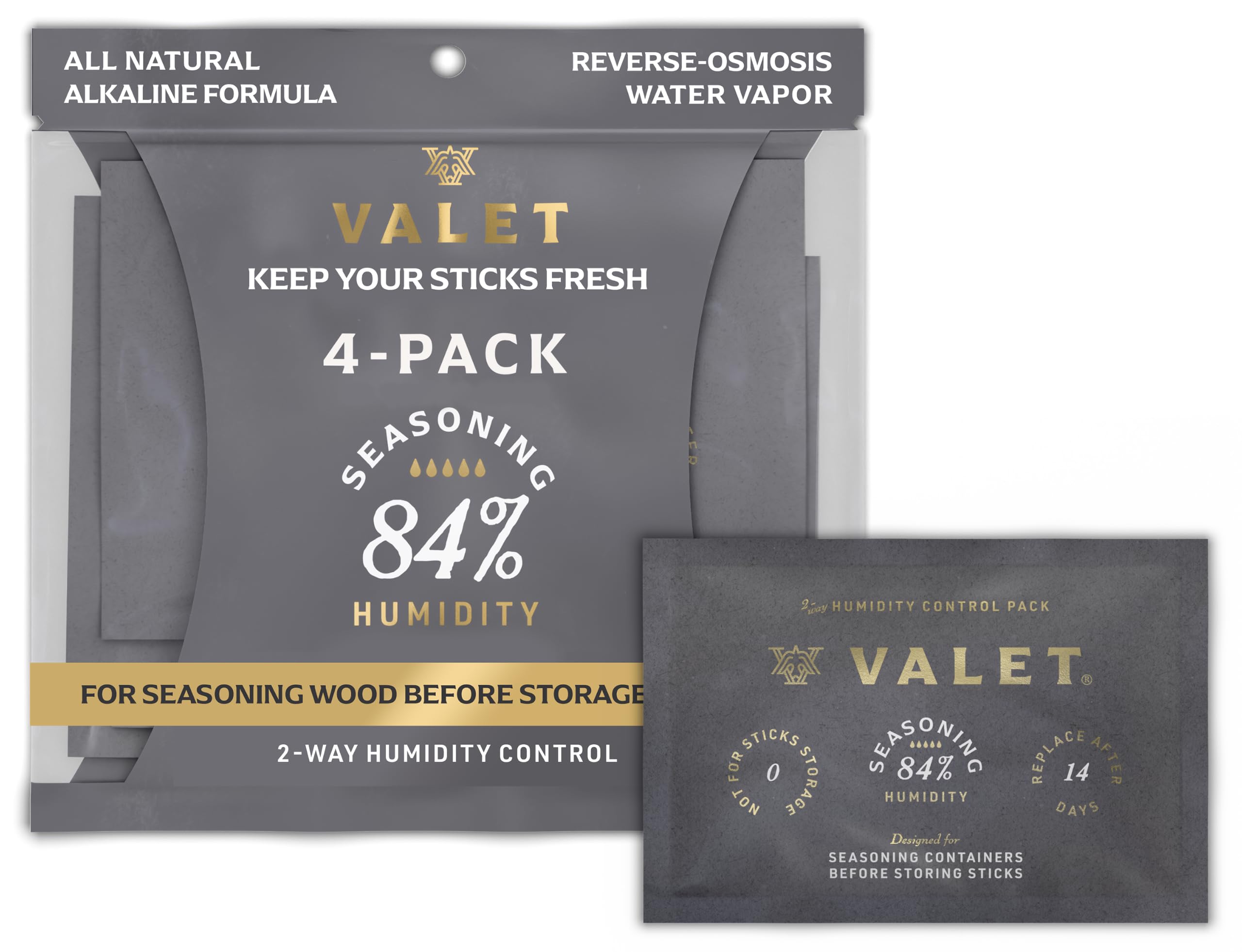 Valet 84% Two-Way Humidity Packs 4-Pack (60g), Two-Way Humidity Control Packs Seasoning Kit, Wood Container Prep, Made in USA
