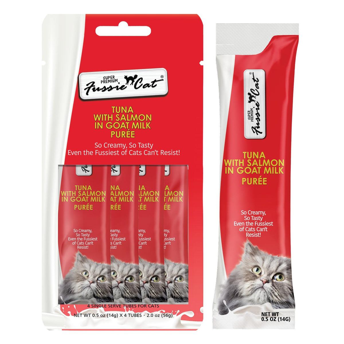 Fussie Cat Premium Tuna with Salmon in Goat Milk Puree, lickable cat Treats, 0.5oz Pouch Pack of 4
