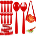 24 Pcs Red Plastic Serving Utensils Set - Heavy Duty Disposable Serving Spoons, Forks & Tongs (8 of Each) - Vibrant Party Catering Supplies for Birthdays, BBQ, Graduation & Family Gatherings (9Inch)