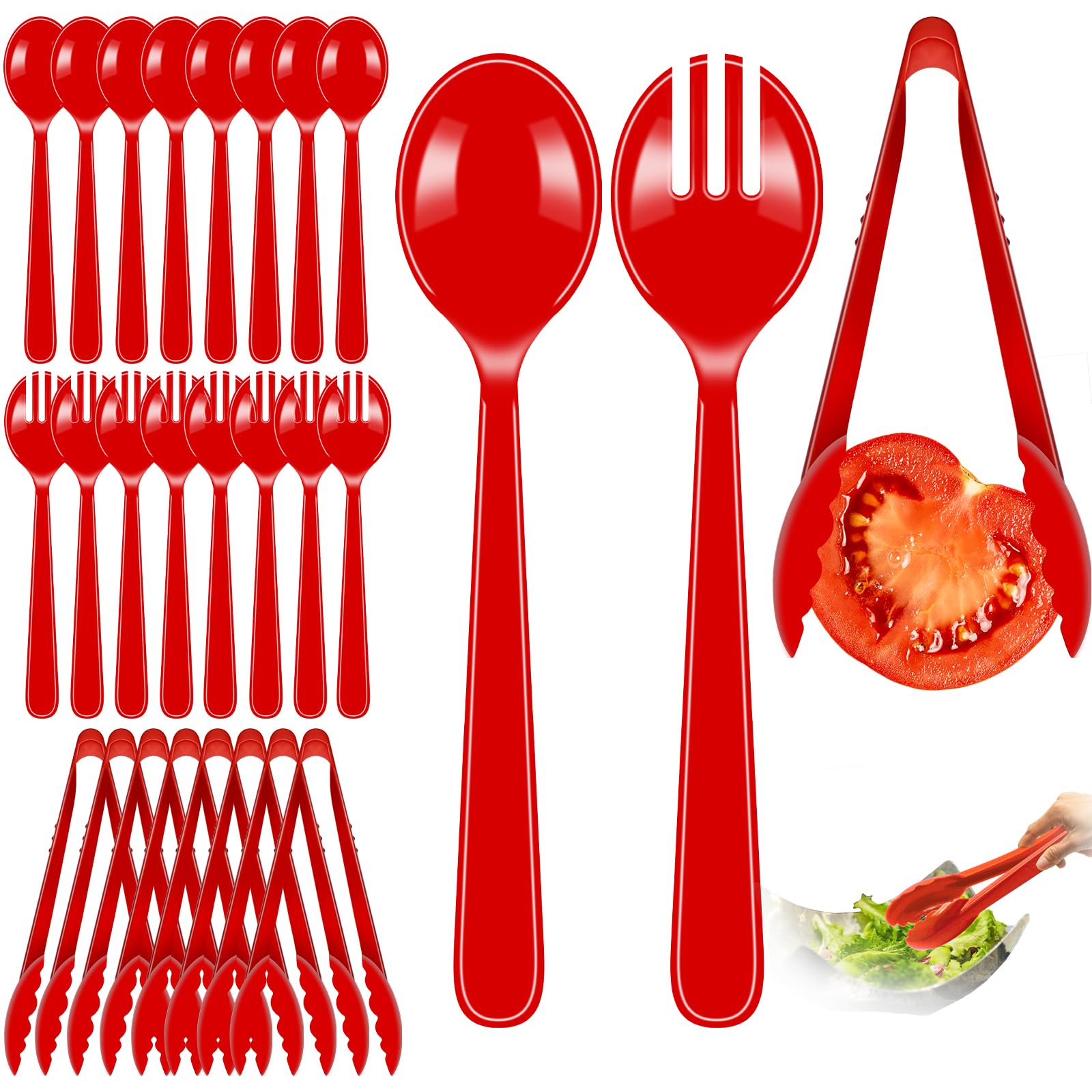 24 Pcs Red Plastic Serving Utensils Set - Heavy Duty Disposable Serving Spoons, Forks & Tongs (8 of Each) - Vibrant Party Catering Supplies for Birthdays, BBQ, Graduation & Family Gatherings (9Inch)