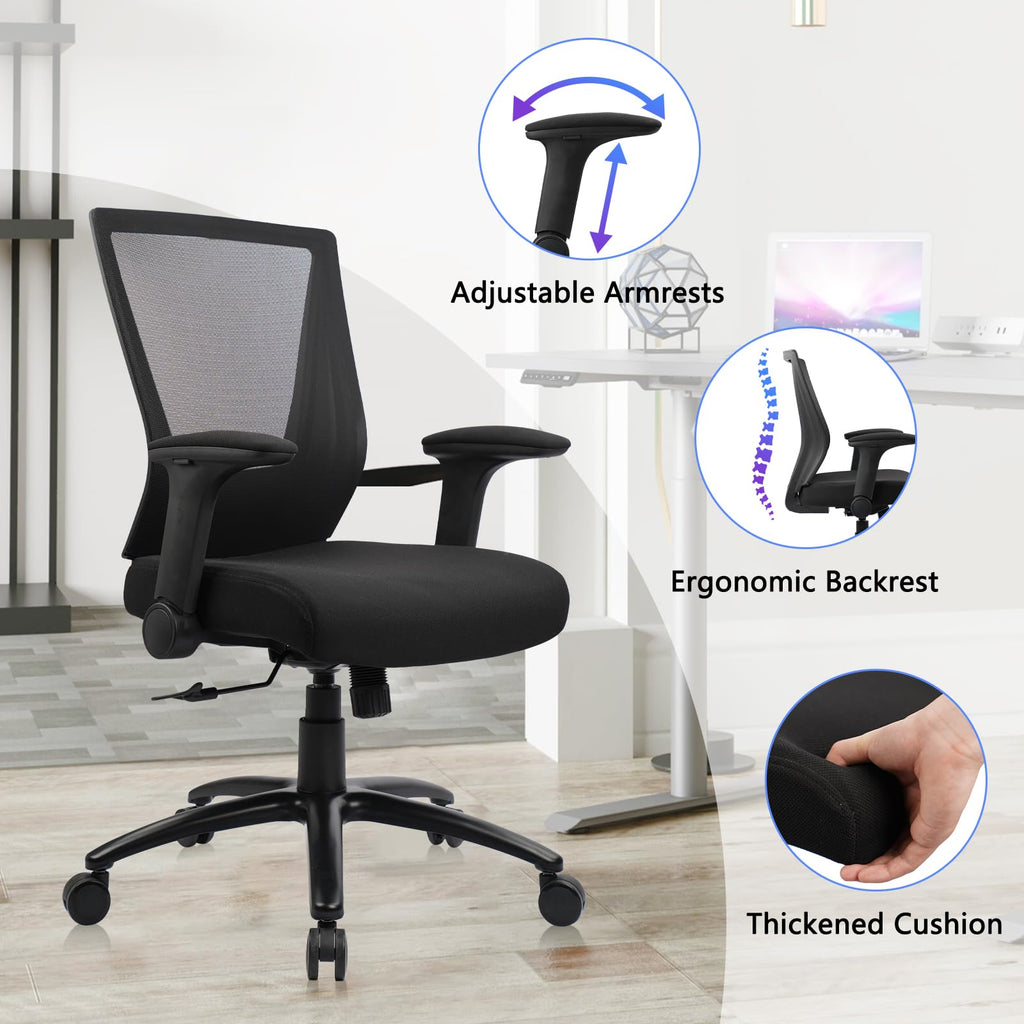 Clatina Big and Tall Office Chair Heavy Duty Ergonomic Desk Chair 500lbs with Flip-up Arms & Wide Thick Seat Cushion Home Executive Swivel Mesh