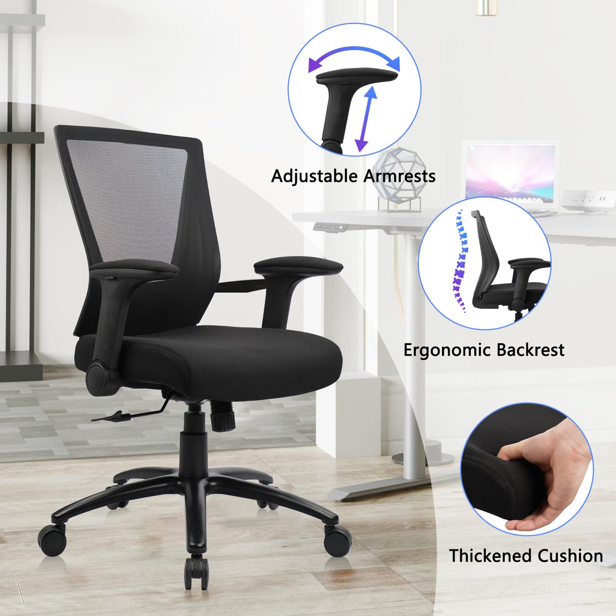 Clatina Big and Tall Office Chair Heavy Duty Ergonomic Desk Chair 500lbs with Flip-up Arms & Wide Thick Seat Cushion Home Executive Swivel Mesh
