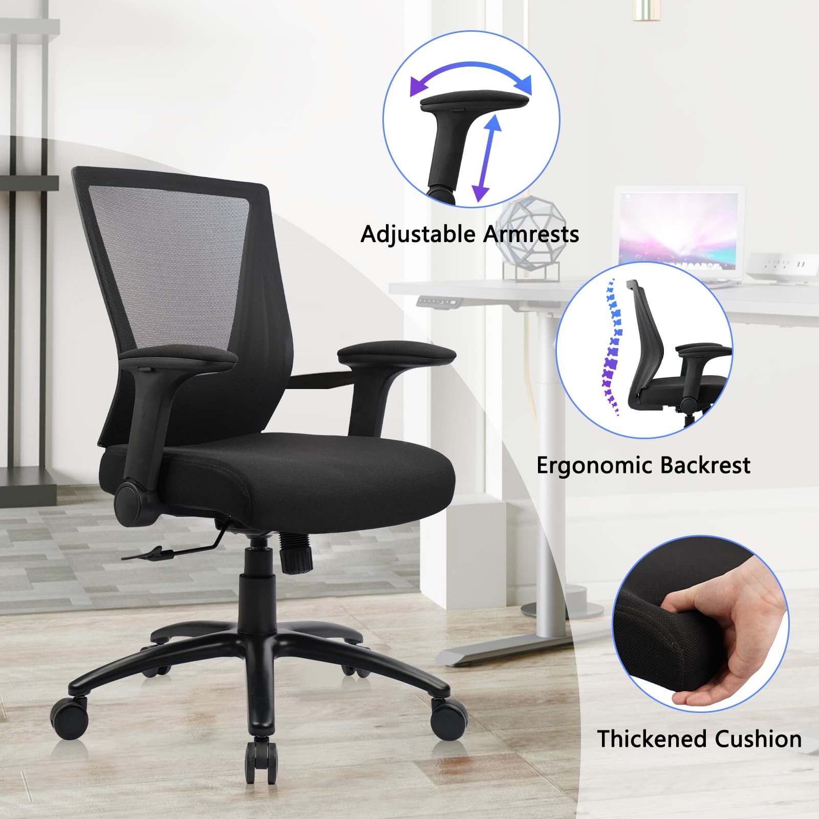 Clatina Big and Tall Office Chair Heavy Duty Ergonomic Desk Chair 500lbs with Flip-up Arms & Wide Thick Seat Cushion Home Executive Swivel Mesh