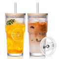 SoulTimes 20oz Glass Cups with Lids and Straws, Ribbed Glass Tumbler for Iced Coffee, Smoothie, Juice & Cold Drinks, Reusable Thick Glassware Set, Elegant Home & Travel Drinkware?2 Pack?
