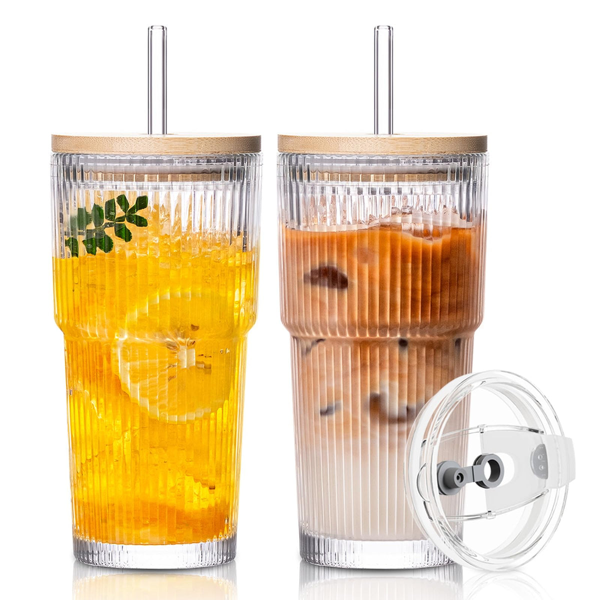 SoulTimes 20oz Glass Cups with Lids and Straws, Ribbed Glass Tumbler for Iced Coffee, Smoothie, Juice & Cold Drinks, Reusable Thick Glassware Set, Elegant Home & Travel Drinkware?2 Pack?