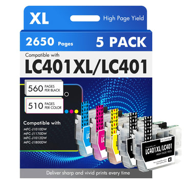 LC401XL LC401 MFC-J1010DW Ink Cartridges for Brother Printer LC 401 401XL for MFC-J1010DW MFC-J1170DW MFC-J1012DW MFC-J1800DW MFC J1010DW - 5 Pack High Yields 2Black Cyan Magenta Yellow