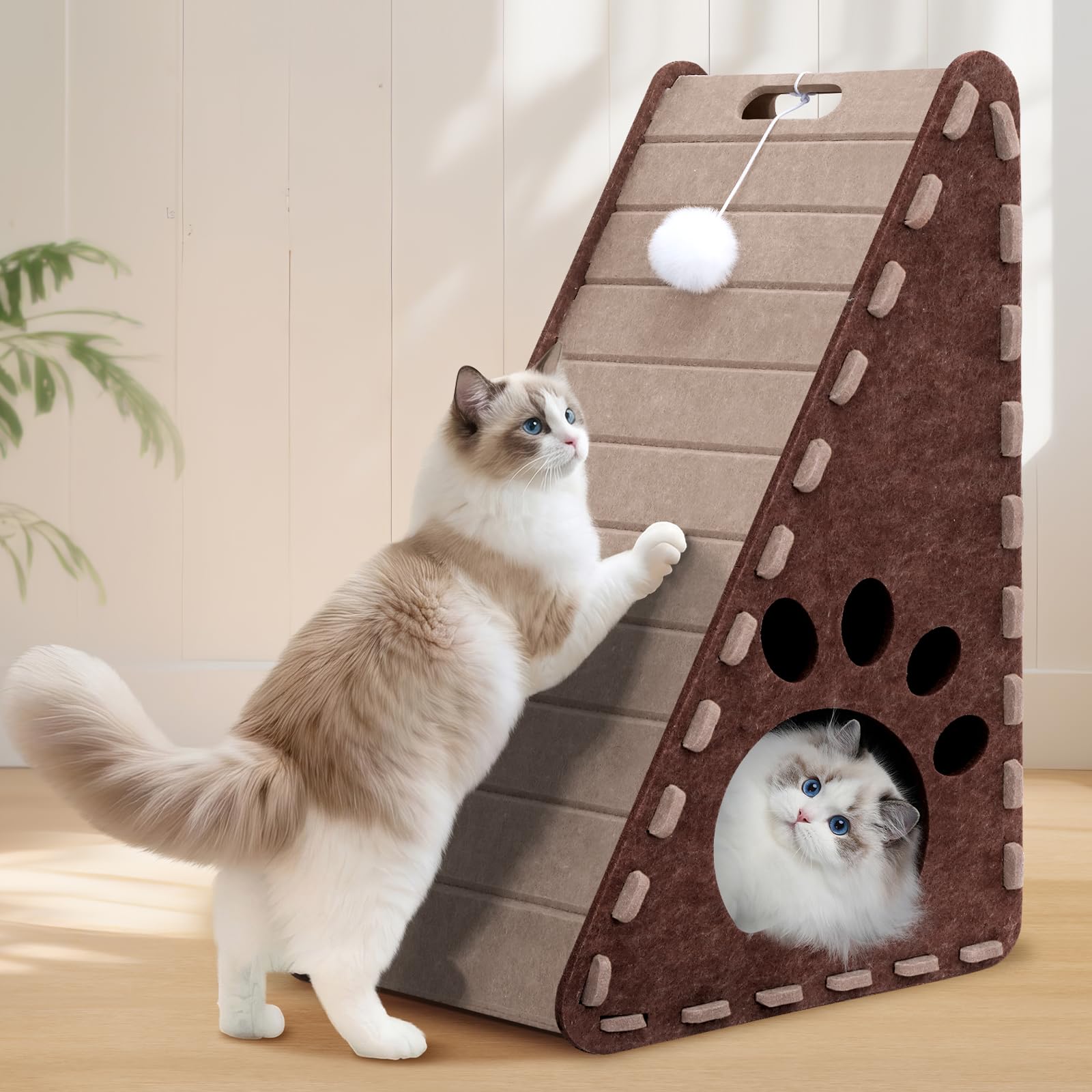 Triangle Felt Cat Scratcher for Indoor Cats - 3-in-1 Cat Scratch Pad with Cave & Ball Toy - Vertical Scratching Board Furniture Protector, 23.6 Inch (Brown Gray)