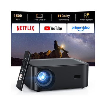 1500 ANSI lumens built-in streaming app full HD smart projector, HAPPRUN 4K projector, supports Wi-Fi and Bluetooth, Dolby audio, 300-inch large screen, suitable for home, outdoor, and indoor viewing