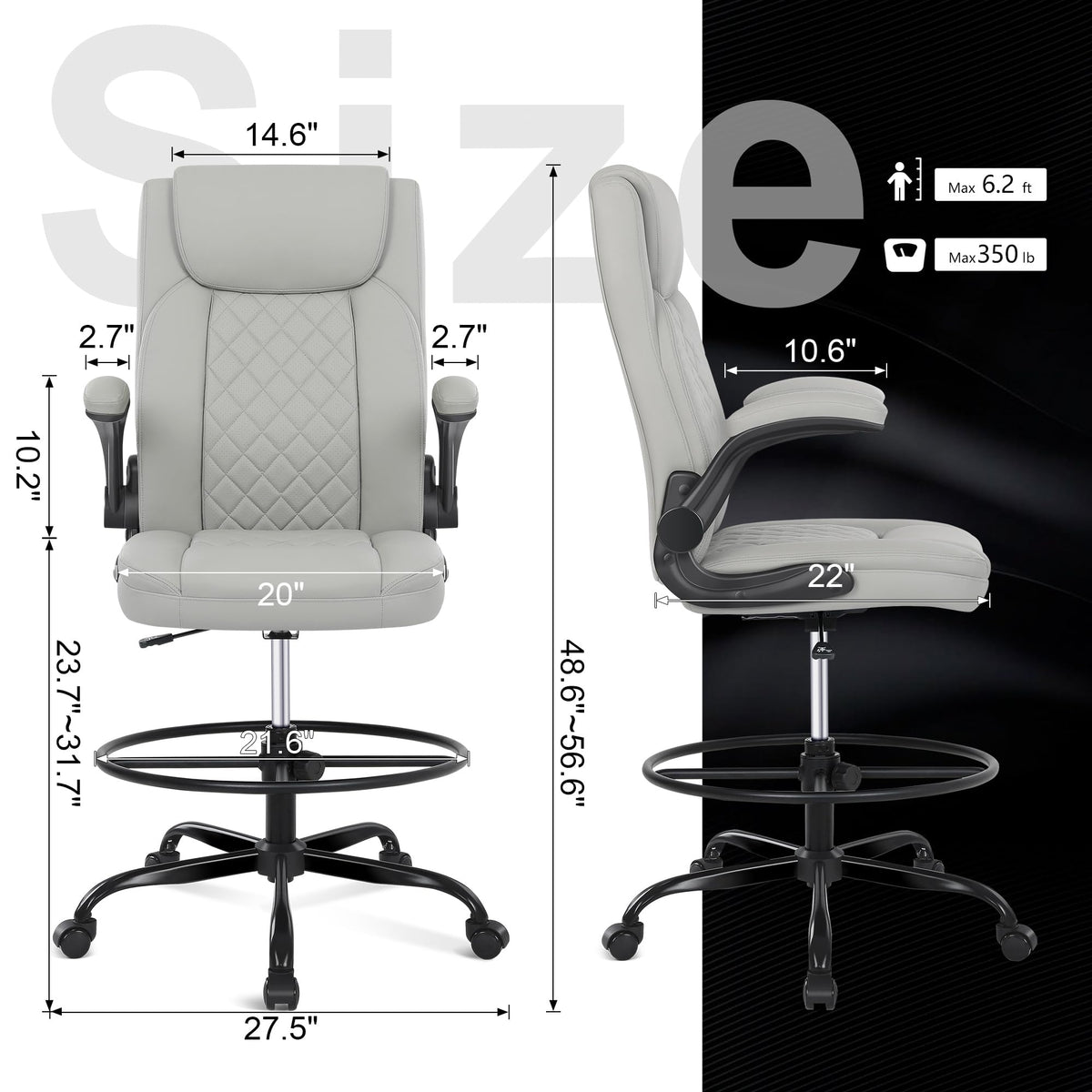 Misolant Drafting Chair, Tall Office Chair for Standing Desk, Standing Chair with Adjustable Height and Flip-up Armrest, Leather Drafting
