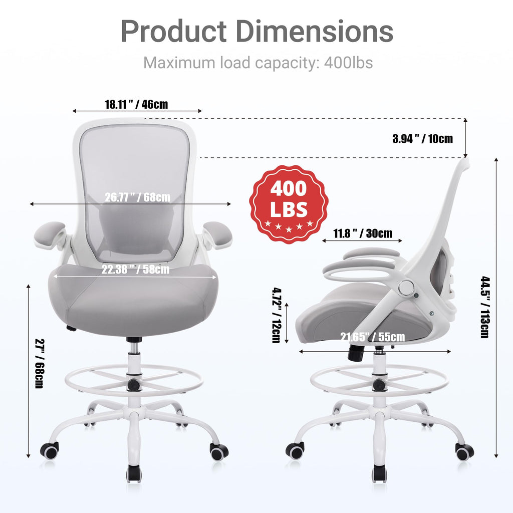 Hylone 400lbs Heavy Duty Drafting Chair 5" Thickened Seat Office Chair with Flip-up Armrests Tall Ergonomic Computer Chair with Lumbar Support