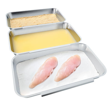 Set of 3 Larger Interlocking Breading Trays | 10.4" x 6.1" x 1.2" | Stackable Dredging Trays for Breading, Marinating, Roasting | Non-Toxic Stainless Steel Breading Pans | Oven & Dishwasher Safe