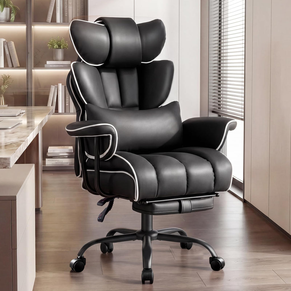 Furniliving Big and Tall Executive Office Chair- Ergonomic, Reclining Desk Chair with Footrest Lumbar Pillow, Height Adjustable Back Leather