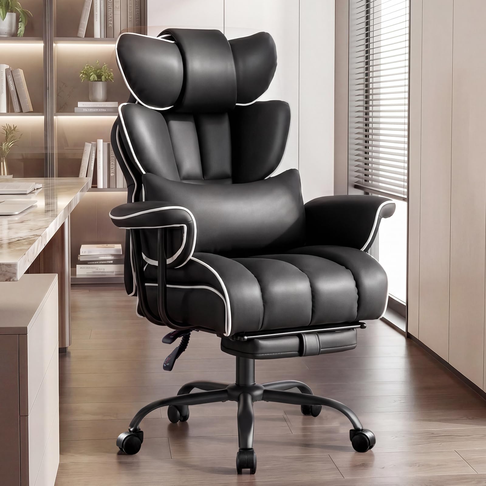 Furniliving Big and Tall Executive Office Chair- Ergonomic, Reclining Desk Chair with Footrest Lumbar Pillow, Height Adjustable Back Leather
