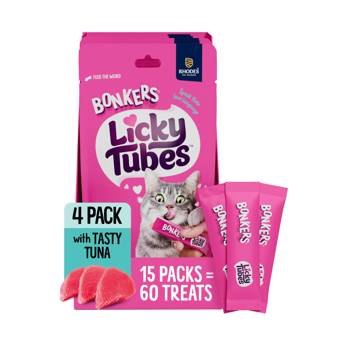 Bonkers Licky Tubes Tuna Flavored Wet Lickable Treats for Cats, 4 Pack (Pack of 15)