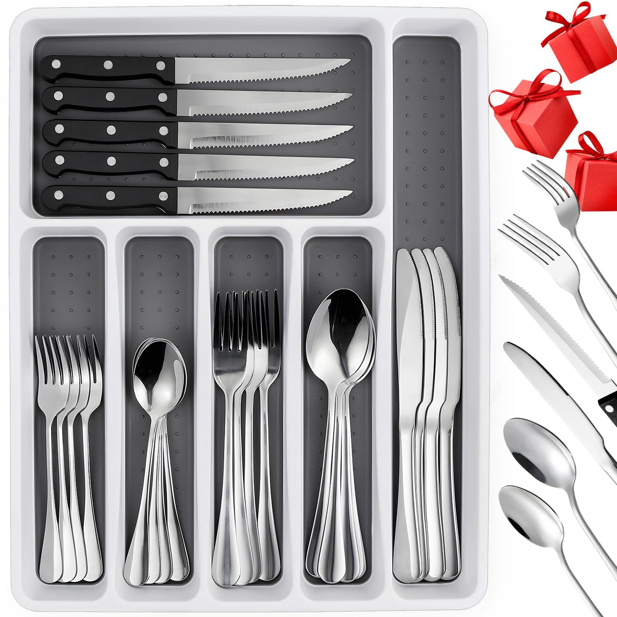 49 Piece Silverware Set with Organizer - Utensil Sets Stainless Steel Cutlery Set for 8, Mirror Finished Flatware Spoons and Forks with Steak Knives, Dishwasher Safe, Rust-proof (49 Pcs)