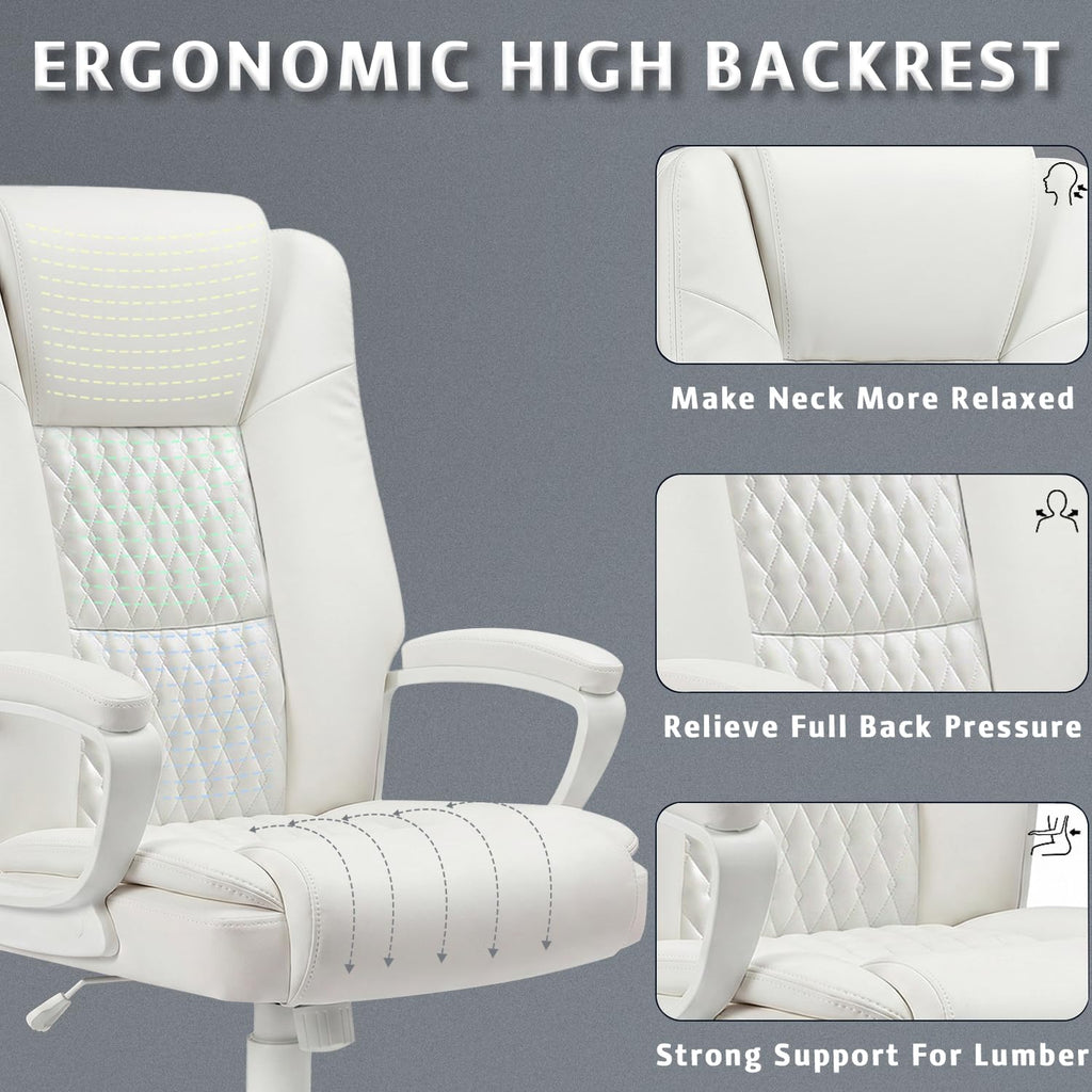 Lemberi Home Office Executive Desk Chair, High Back Pu Leather Chair, Height Adjustable Swivel Computer Chair with Padded Armrest (white)