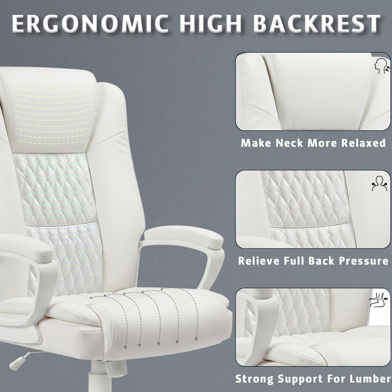 Lemberi Home Office Executive Desk Chair, High Back Pu Leather Chair, Height Adjustable Swivel Computer Chair with Padded Armrest (white)