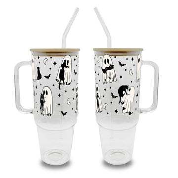 Sip-Sip Hooray! Halloween Ghost Holding Cats 40oz Glass Tumbler with Lid and Straw, Spooky Season Iced Coffee Cup Handle Gift