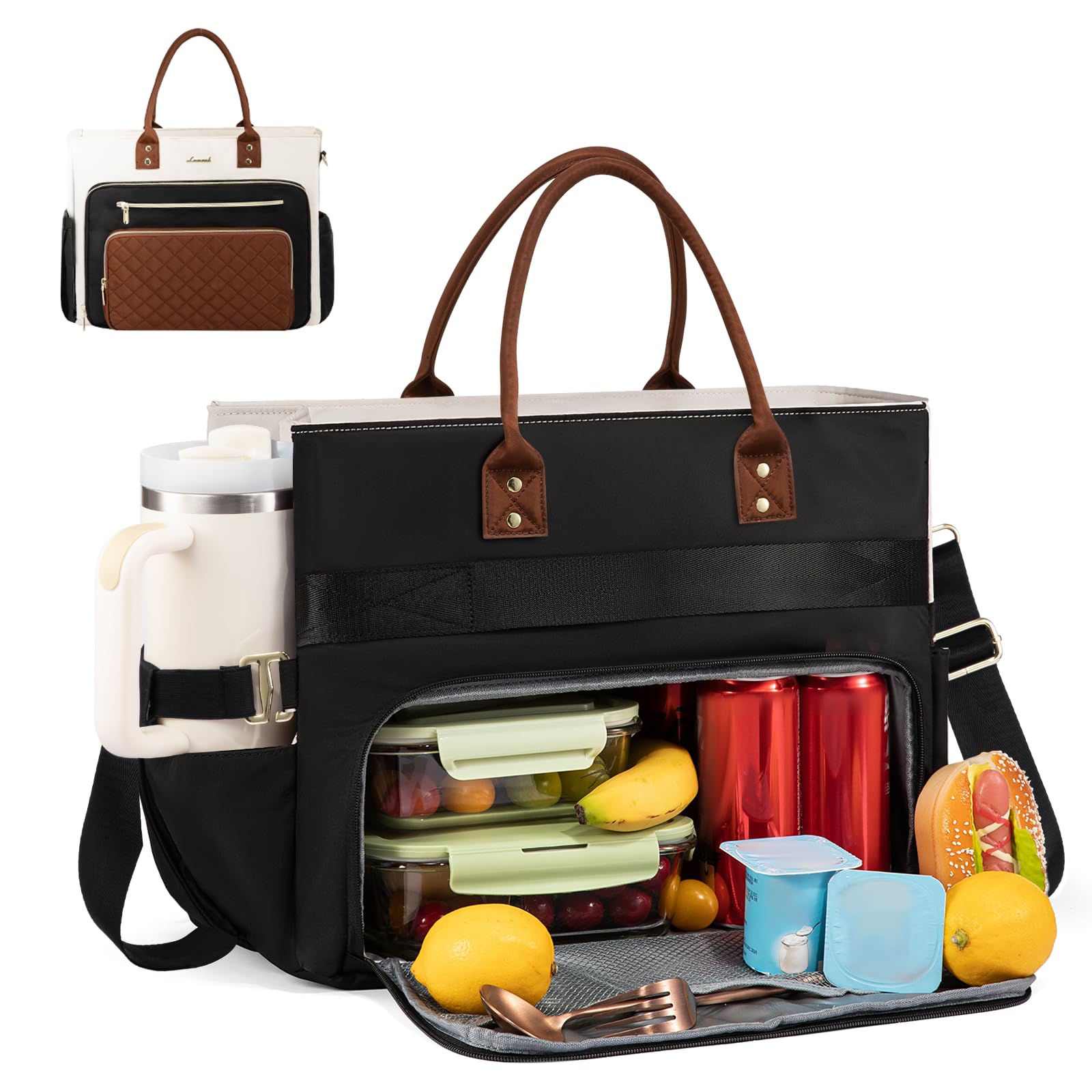 LOVEVOOK Lunch Tote Bag for Women, 3 in 1 Work Bag with Insulated Lunch Compartment & 40oz Large Cup Holder & Multi-Pockets, 15.6" Laptop Bag for Office/Daily/Travel, Gifts for Teacher Nurse Mom