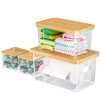 4 Pack Trash Bag Holder with Bamboo Lid, Stackable Garbage Bag Dispenser Under Sink, Storage Organizer for Kitchen, Laundry, Pantry (S+S+M+L)