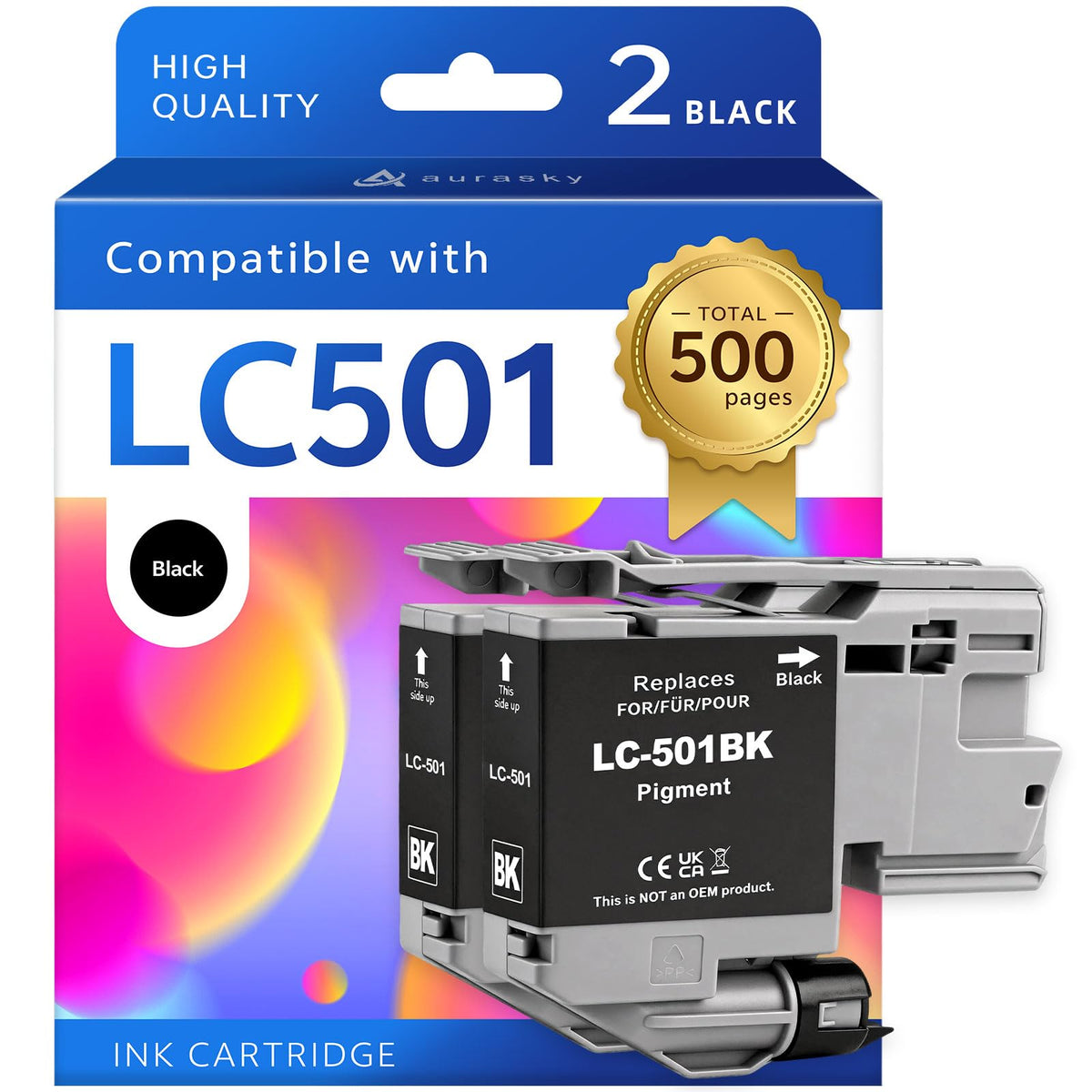 LC501 2*Black Ink Cartridge Replacement for Brother LC501BK Standard Yield Compatible with MFC-J1260DW J1360DW J1410DW All-in-One Printer (2-Pack)