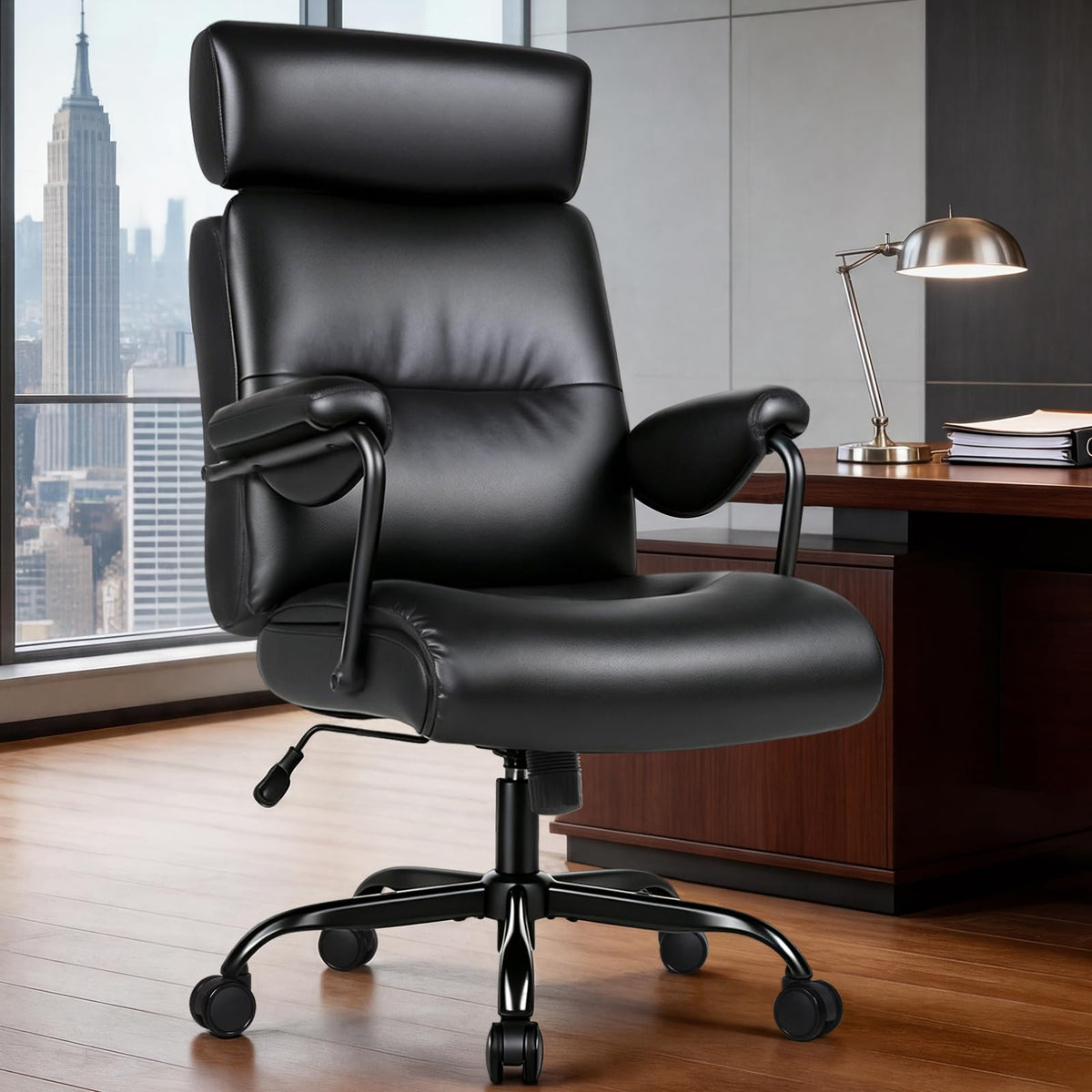 Executive Office Chair Ergonomic,leather Desk Chair High Back, Glossy Black