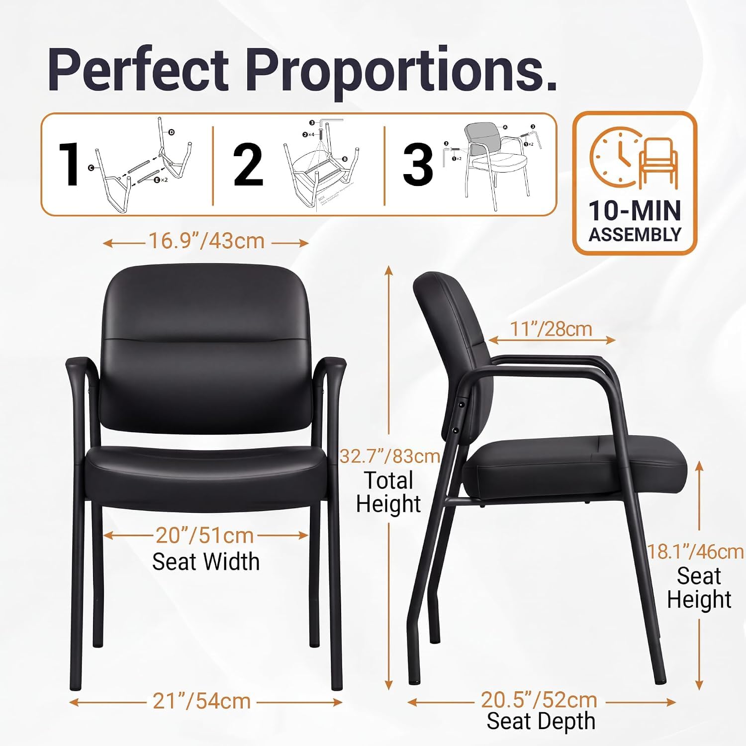 Furniwell Waiting Room Chairs Set of 2, Pu Leather Reception Guest Chairs with Padded Arms, Stationary Office Side Chairs for Conference Room,