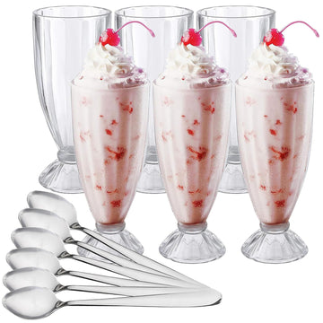 Cedilis Set of 6 Milkshake Glass, 12oz Old Fashion Sundae Cups, Retro Ice Cream Float Glasses, Heavy Base Soda Fountain Glassware with 6 Long Stainless Steel Spoons