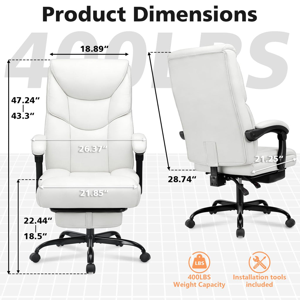 Wailor 400lbs Office Chair with Foot Rest, Reclining Big and Tall Office Chair with Lumbar Support, High Back Pu Leather Computer Chair,comfy